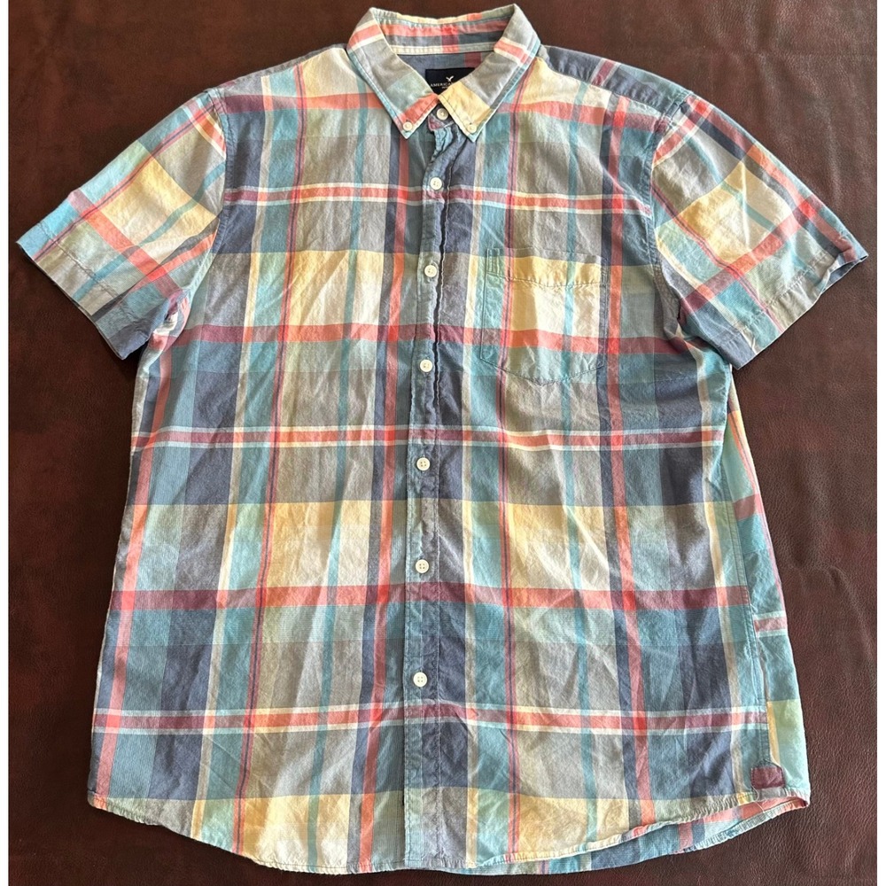 American Eagle Mens Large Short Sleeve Button Down Plaid Shirt Blue Yellow Coral